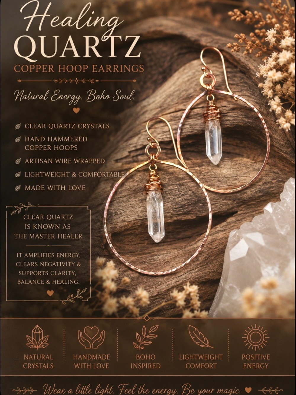 Healing Quartz Crystal Hammered Copper Hoop Earrings Artisan Handmade